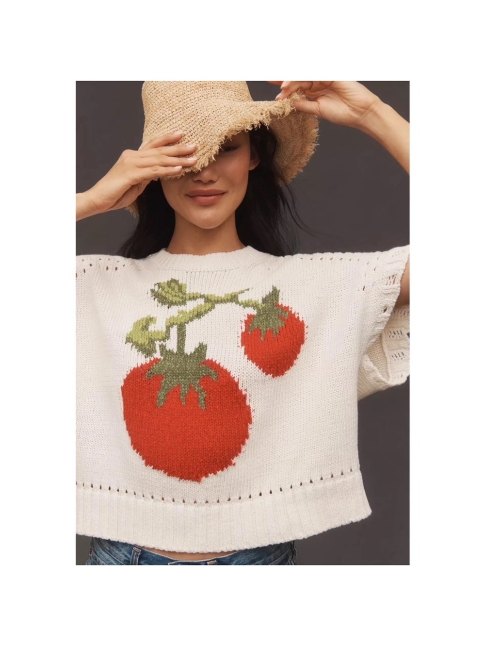 Anthropologie Maeve Short Sleeve Tomato Veggie Sweater Size Small Open to offers